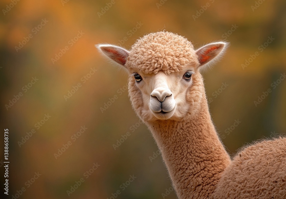 Obraz premium Adorable Young Alpaca with Soft Wool and Gentle Expression Against a Warm Autumn Background