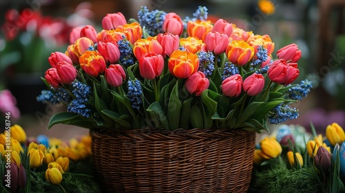 Wallpaper Mural Tulips and bluebells arranged in a woven basket for a vibrant, floral display Torontodigital.ca