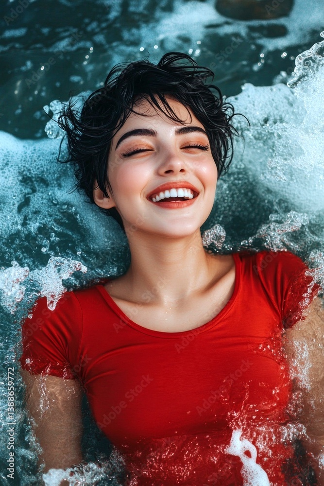 Obraz premium Happy stress-free travel getaway concept design. Attractive and hot happy middle eastern young woman in red tight t-shirt enjoying turquoise sea, splashes around her. Bright Ñommercial st.