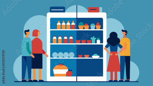 Fridge Showcase A fridge od wide showcasing extravagant gourmet items inside while outside a small group of individuals looks hopefully at itwishing for a meal.
