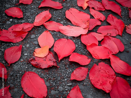 Vibrant Red Autumn Leaves Scattered on Dark Ground