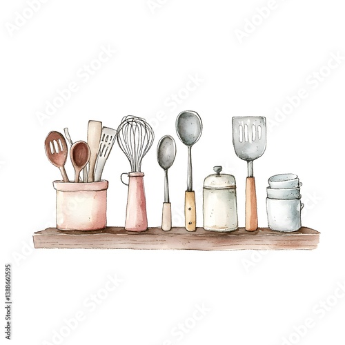 Cute watercolor kitchen utensils displayed on a shelf.  Wooden spoons, whisks, spatulas, and jars are depicted in a charming style