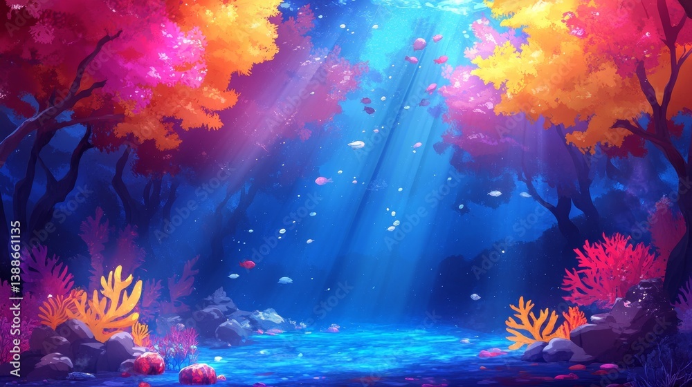 Obraz premium cartoon art 3D underwater treasures among hot lava at the base of mountains thick with yellowish red trees illustration background --ar 16:9 --style raw --profile ynktqqk mauyv6i --v 6.1