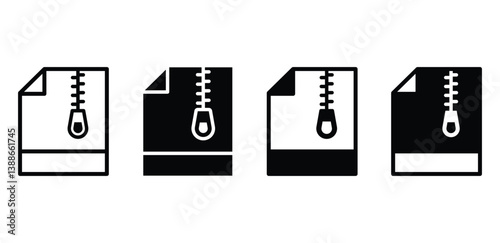 Archive File Zip Icons Set Black and White Vector Design