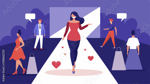 Fashion Show on Social Media A virtual runway where influencers strut in front of a large audience of followers online with hearts and engagement icons floating around.