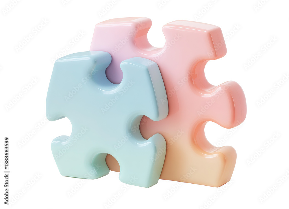 Fototapeta premium 3D icon of three colored puzzle pieces, in pastel colors, with a transparent background