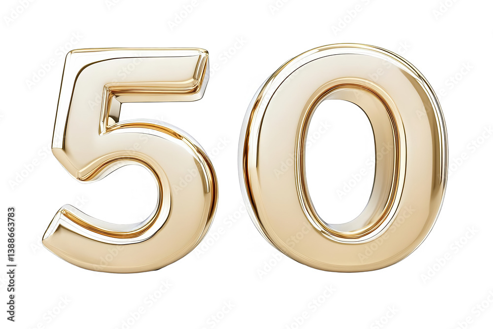 Isolated 3D Golden Fifty Number Illustration with Metallic Effect Isolated 3D Golden Fifty Number Illustration with Metallic Effect