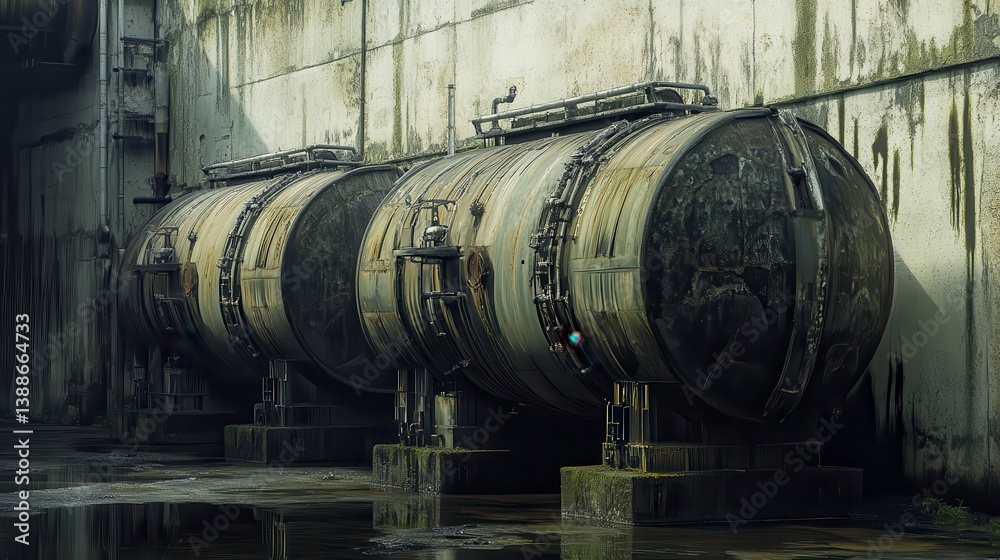Two large, rusty industrial tanks sit against a weathered concrete wall in an abandoned factory. Two large, rusty industrial tanks sit against a weathered concrete wall in an abandoned factory.