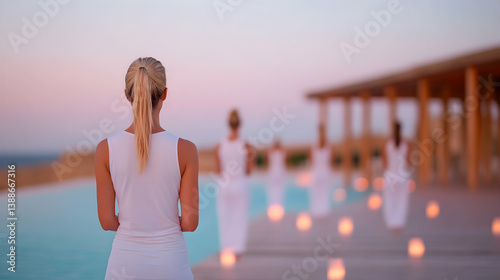 Women in White Clothing Practicing Yoga by a Pool at Sunset