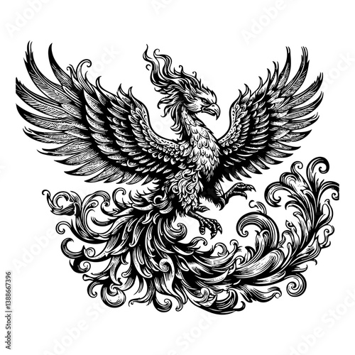 Phoenix sketch engraving black and white outline. Scratch board imitation.
