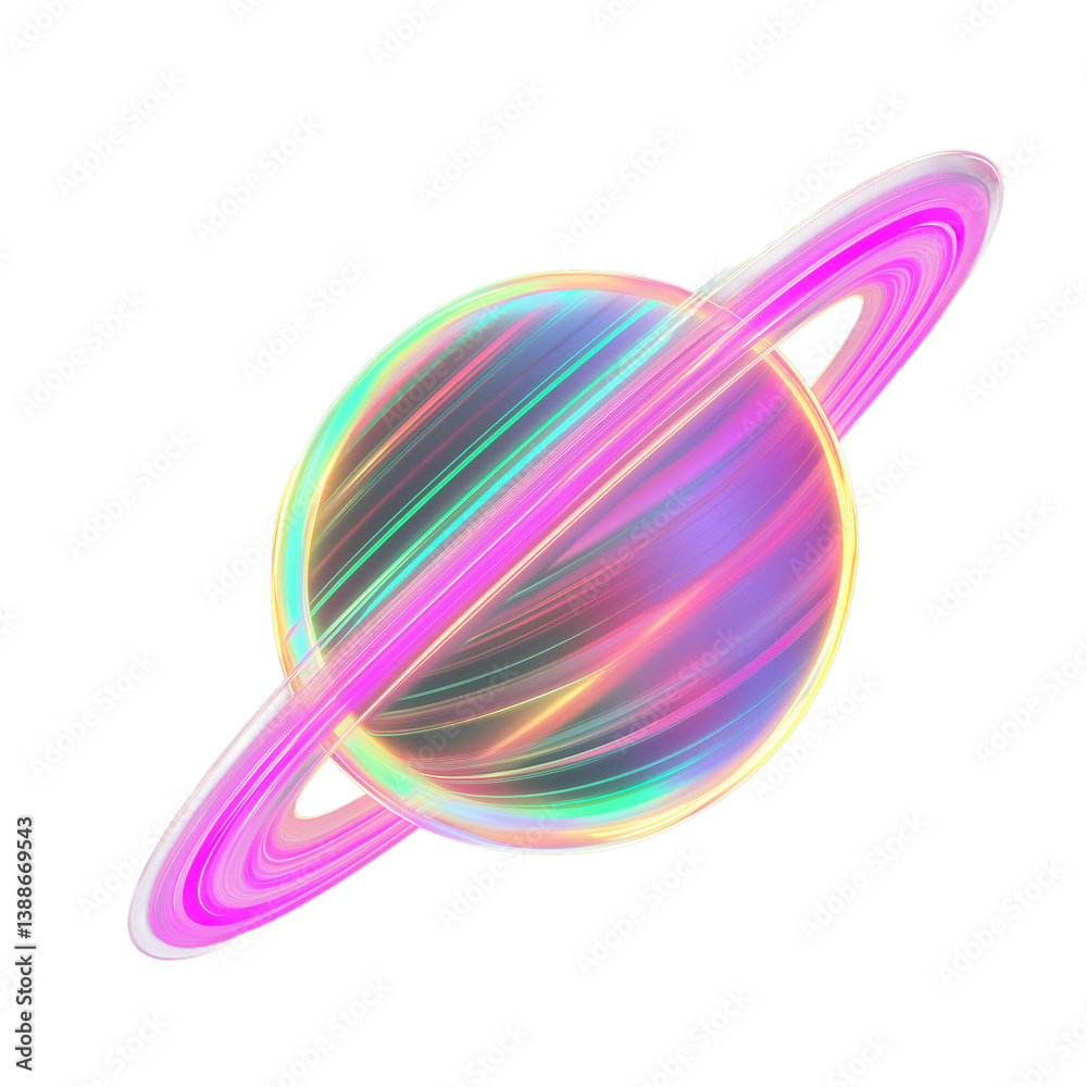 Pastel Planet with Glowing Cosmic Rings. Isolated on Transparent or White Background