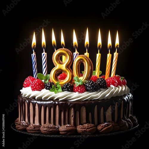 Delicious Chocolate 80th Birthday Cake with Berries and Candles photo