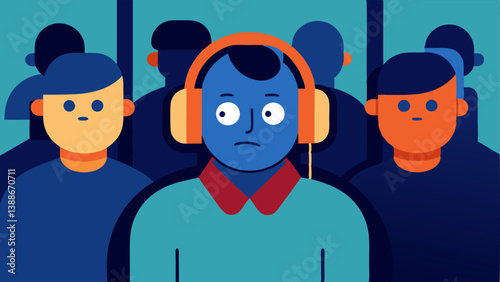 Headphones On World Off A character on public transport wearing oversized headphones ignoring the people around them who seem eager to engage illustrating voluntary social