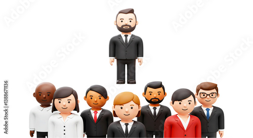 Cartoon team with leader standing above them in suits against a black color background image scene png