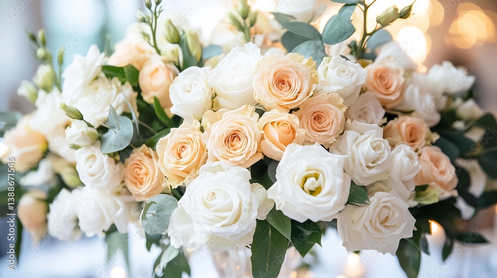 Elegant floral arrangement of white and peach roses in a luxury wedding setting exuding romance and sophistication Elegant floral arrangement of white and peach roses in a luxury wedding setting exuding romance and sophistication