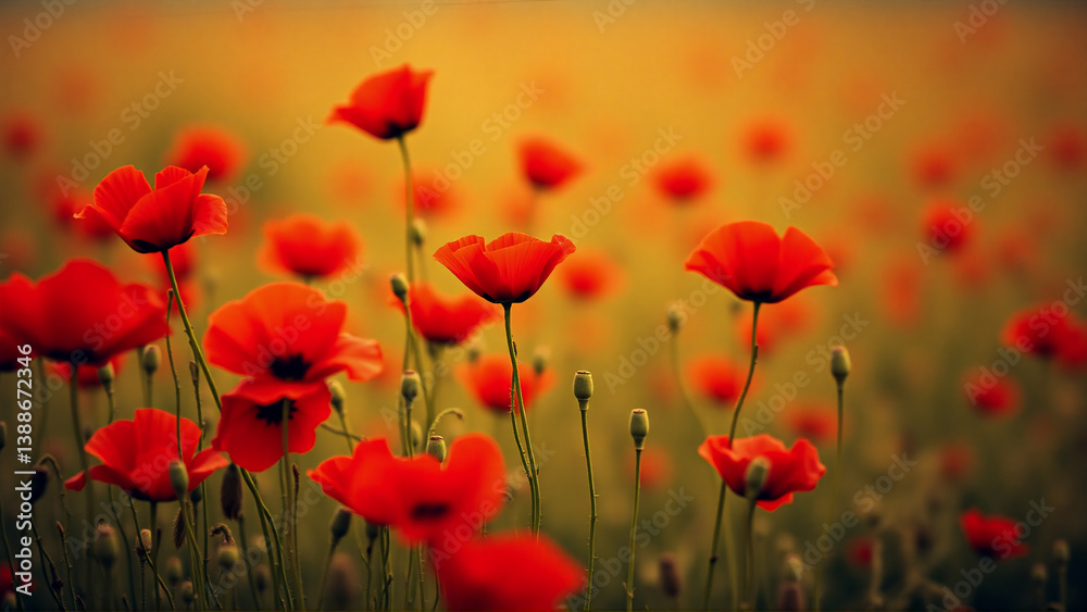 Fototapeta premium Vibrant red poppies bloom in a sun-kissed field, their delicate petals dancing in a gentle breeze. The warm light creates a soft, dreamy atmosphere in nature.