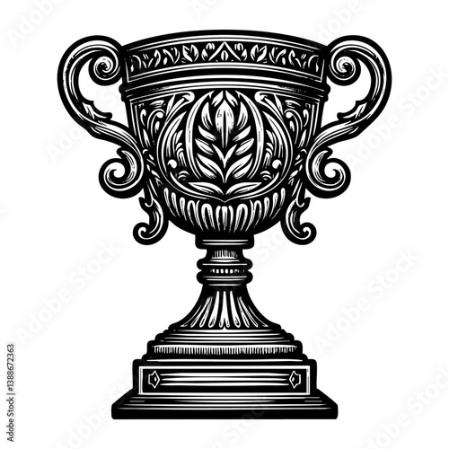 Antique cup trophy sketch engraving black and white outline. Scratch board imitation. illustrated in vintage line art style on a white background.
