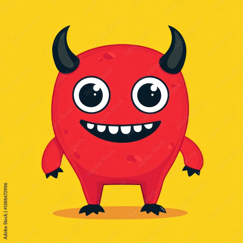 Fototapeta premium A smiling cartoon red devil monster with black horns and feet