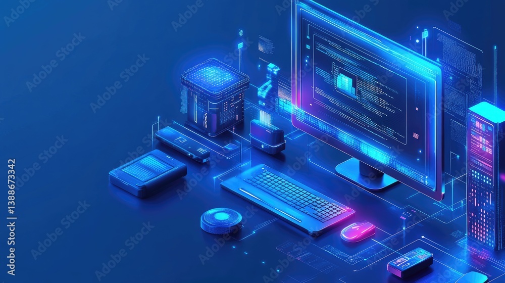 A futuristic illustration of digital devices and computer code A futuristic illustration of digital devices and computer code