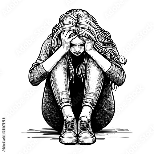 Woman seated alon in sad pose sketch engraving black and white outline. Scratch board imitation.
