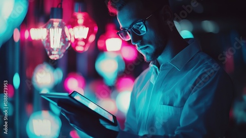 Man Using Tablet in Vibrant Neon Light Business Atmosphere at Night photo