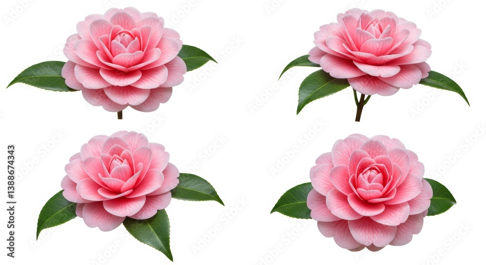 Naklejka premium Four elegant pink camellia flowers isolated against a pristine white backdrop