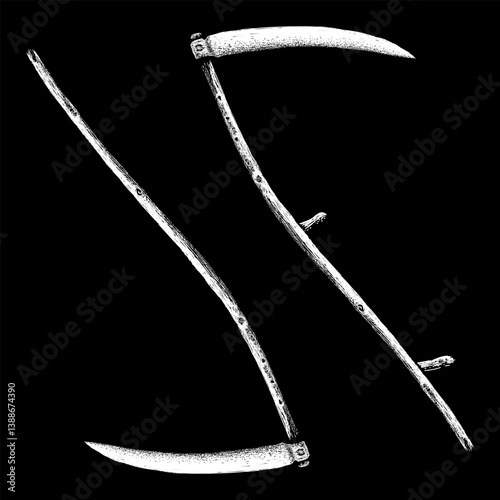 old scythes hand drawing vector isolated on black background.