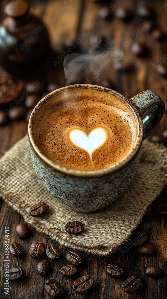 Heart-shaped steam rises from a rustic coffee cup, evoking warmth and simplicity. Heart-shaped steam rises from a rustic coffee cup, evoking warmth and simplicity.