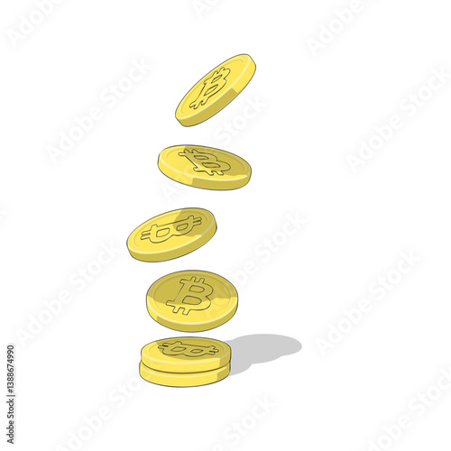 Gold-colored Bitcoin coins piling up dynamically on a clean white background