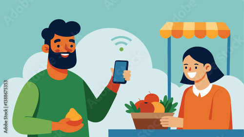 Contactless Payments A nomad at a local market using a contactless payment app on their smartphone to pay for fresh produce smiling at a friendly vendor.