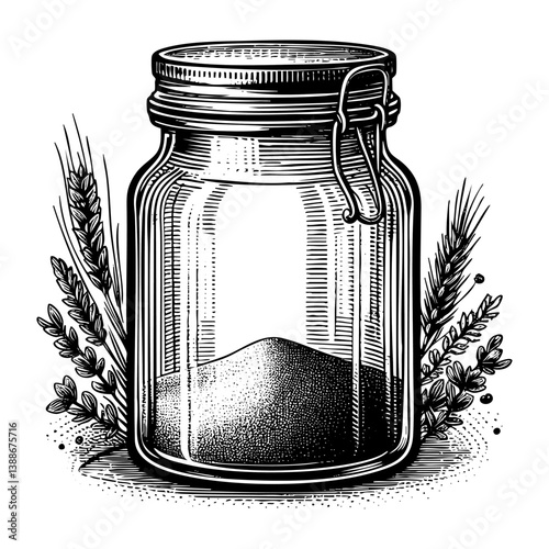 Paprika powder in glasses jar sketch engraving black and white outline. Scratch board imitation.
