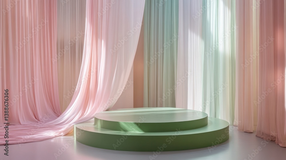 Pastel draped backdrop with green podium Pastel draped backdrop with green podium
