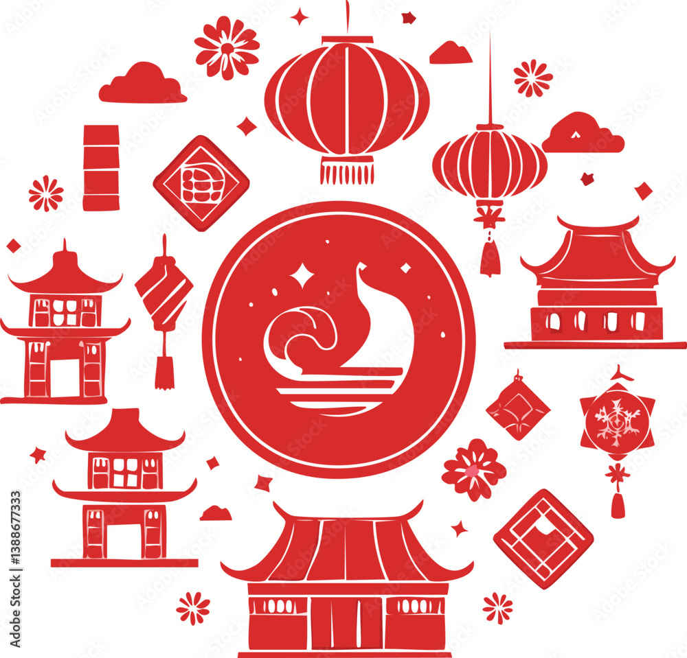 Chinese, Korean or Japan icons for Chinese New Year stock illustration ,white background