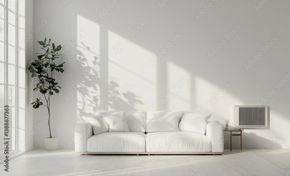 Fototapeta premium A minimalist white interior featuring a modern sofa and plant