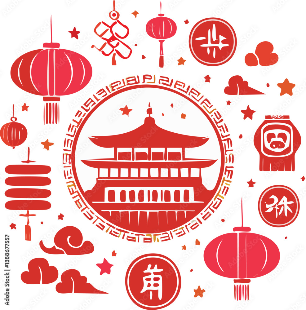 Chinese, Korean or Japan icons for Chinese New Year stock illustration ,white background