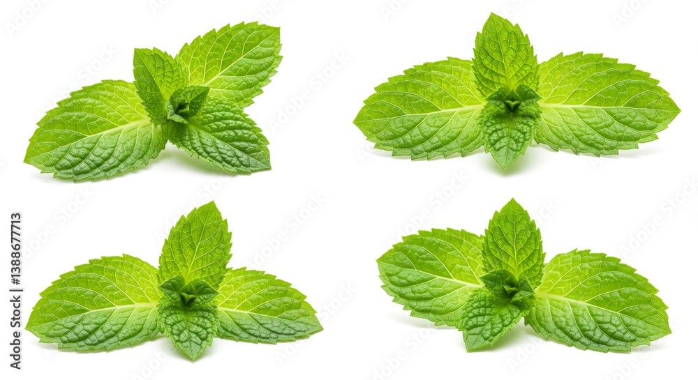 Fresh mint leaves arranged elegantly on a pristine white backdrop, vibrant and clean Fresh mint leaves arranged elegantly on a pristine white backdrop, vibrant and clean