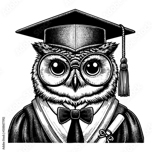 Owl wear graduation hat sketch engraving black and white outline. Scratch board imitation.  illustrated in vintage line art style on a white background.
