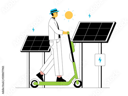 Solar panels generating electrical energy for electric scooter ridden by man in hat. Green energy illustration. Flat vector illustration concept.