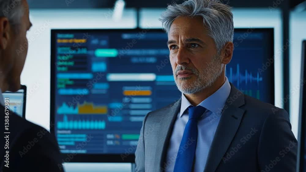 Serious discussion between two senior executives analyzing market trend data