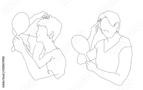 手鏡を見て白髪を気にする女性2人　シンプルな手描き　ラインイラスト　ベクターイラスト素材セット　背景透過,