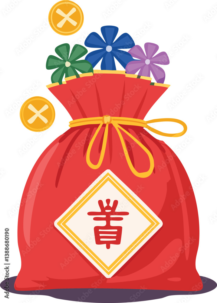 Lucky bags. Cute traditional asian gift with ribbons, holiday festival asian colorful gift bags, decorated with korean symbols