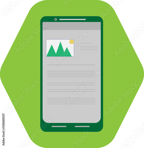 smartphone displaying landscape image on green background  