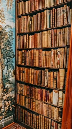 Old library shelves filled with antique books and vintage wallpaper in a historic setting