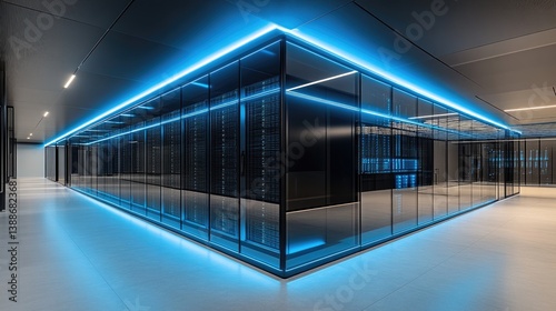 A modern data center hall illuminated with blue lighting fixtures
