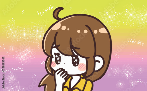 カラフルなキラキラ背景をバックにときめいている女の子