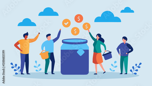 Community Loan Fund A group of community members contributing small amounts of money into a pot labeled Community Fund symbolizing collective support for peertopeer lending a