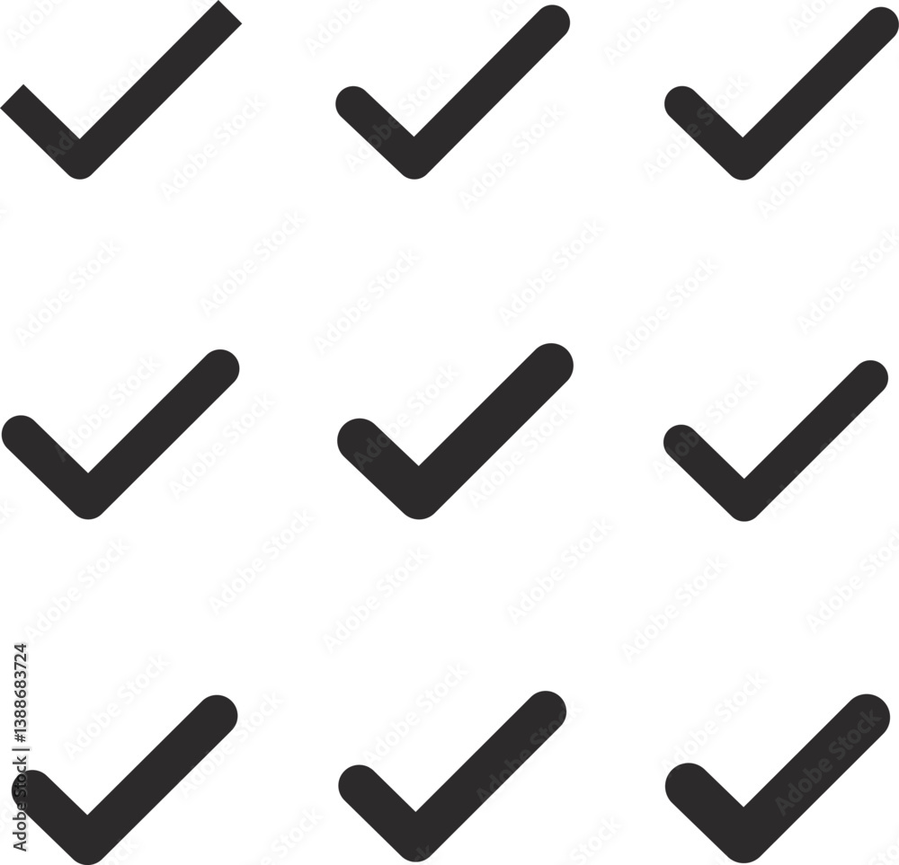 Check or tick icons. Big set of black check or tick icons for design. Check symbol isolated