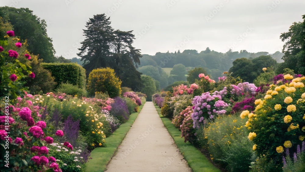 Fototapeta premium A Beautiful Garden Scene Showcasing a Pathway Bordered by Lush, Colorful Flowers 