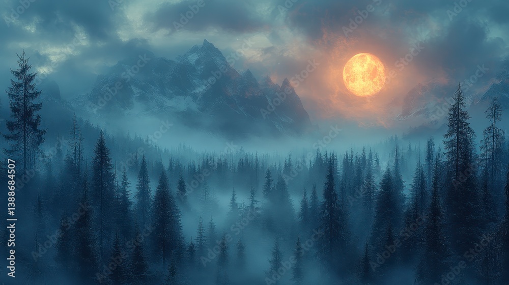 Fototapeta premium Mountainous landscape. Trees in foggy forest, illuminated sky with golden moon