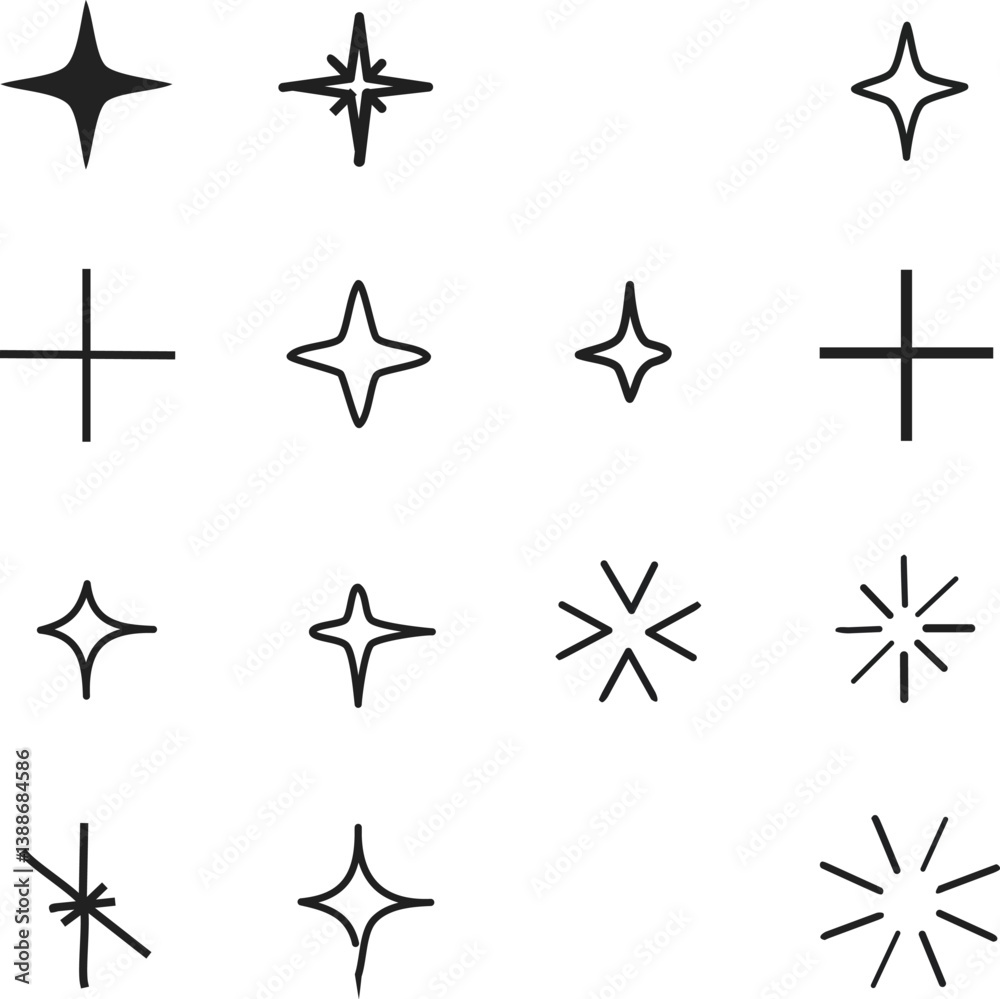 Shine or sparkle vector set of eighteen various stars in black color on white background.